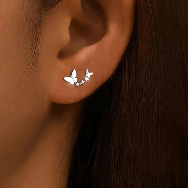 Sweet Butterfly Stud Earrings  Sterling Silver Dainty Exquisite Gorgeous Ear Accessories for Women Chic Party Jewelry