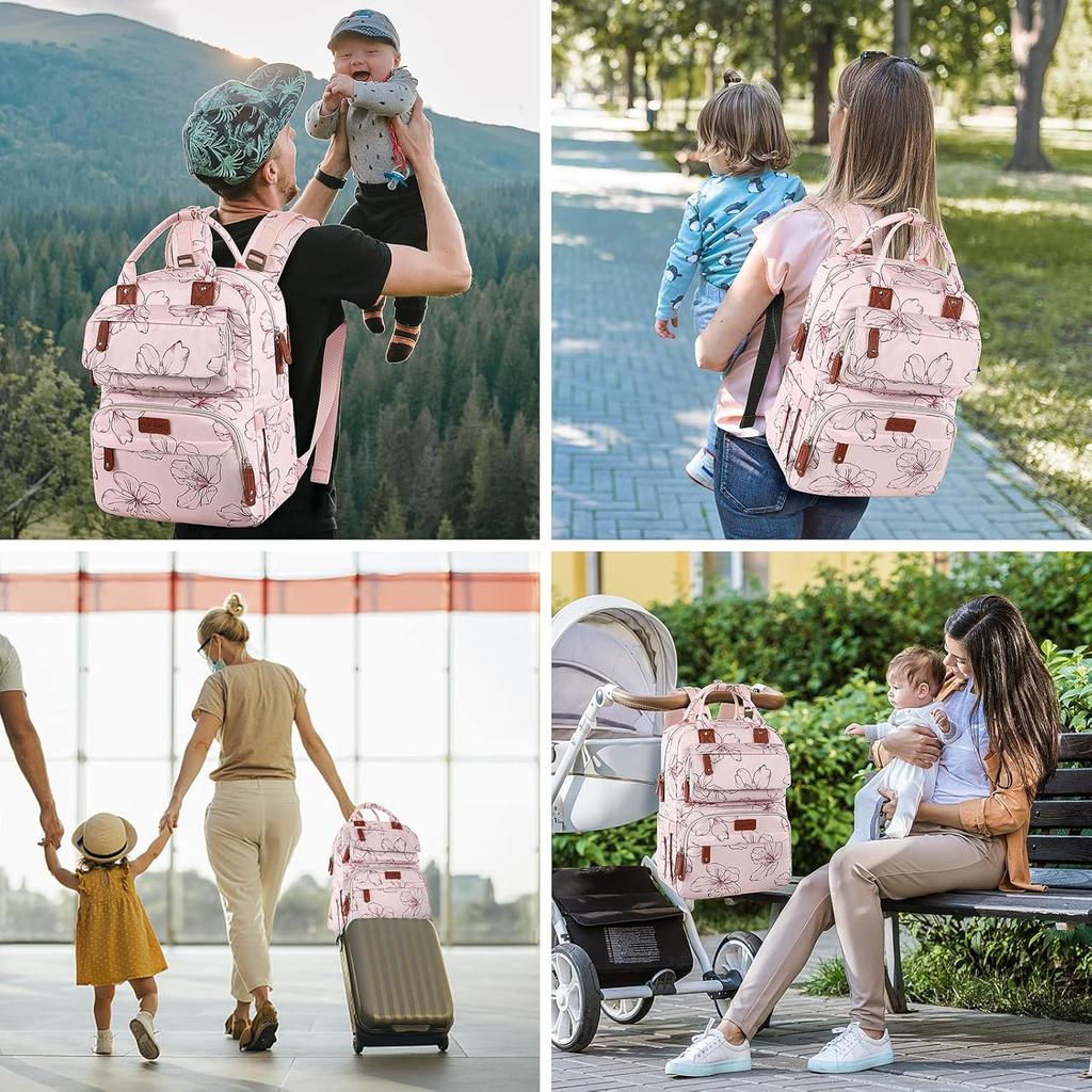 Diaper Bag Backpack, Baby Girl Diaper Bag for Mom, Large Pink Floral Diaper Bag Backpack for Girls, Waterproof Mom Backpack for Work Travel Holiday