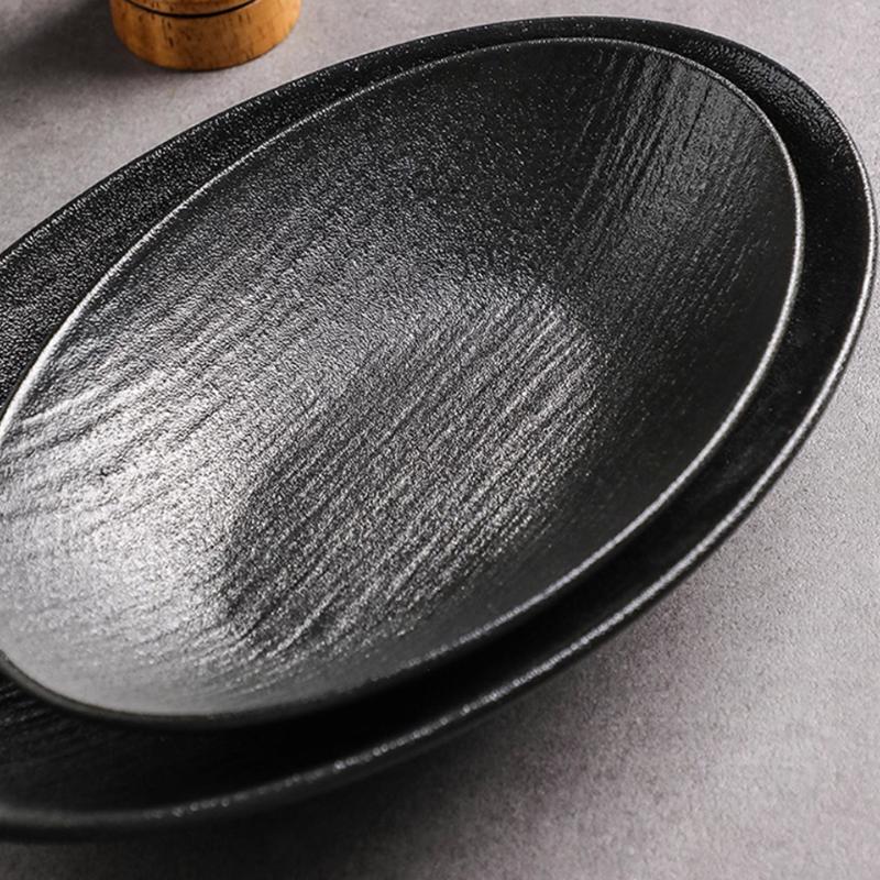Black and White Frosted Stone Patterned Ceramic Bowl, Fruit Salad Bowl, Irregular Tableware, Oval Soup Plate, Pasta Bowl