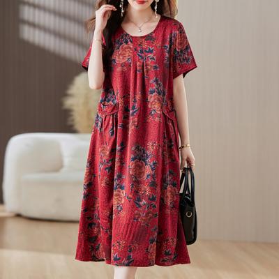 Vintage Dress for Women Plus Size Loose Casual Short Sleeve Summer Dresses Middle-aged Women's Clothing