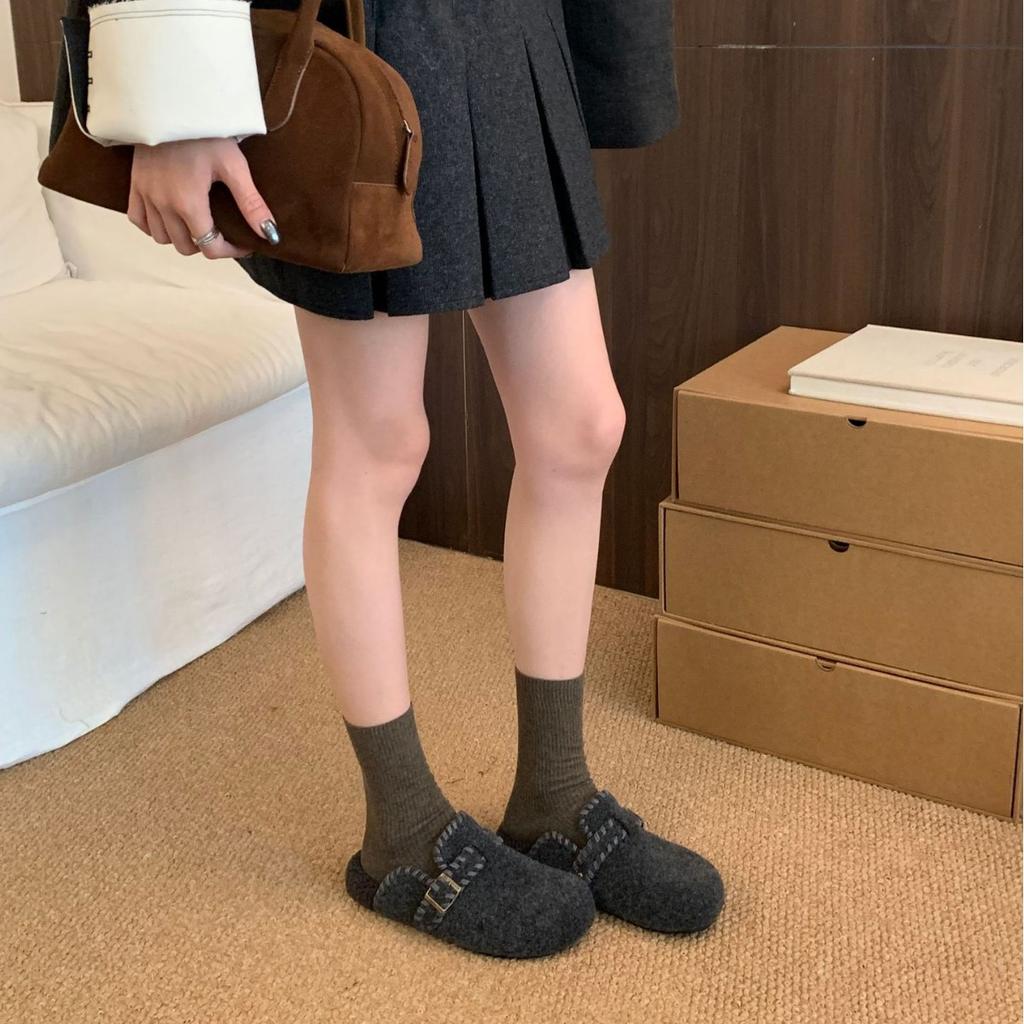 2025 New Korean Version Round Head Belt Buckle Thick-soled Woven Outer Wear Boken Bag Head Lazy Outer Wear Women's Shoes