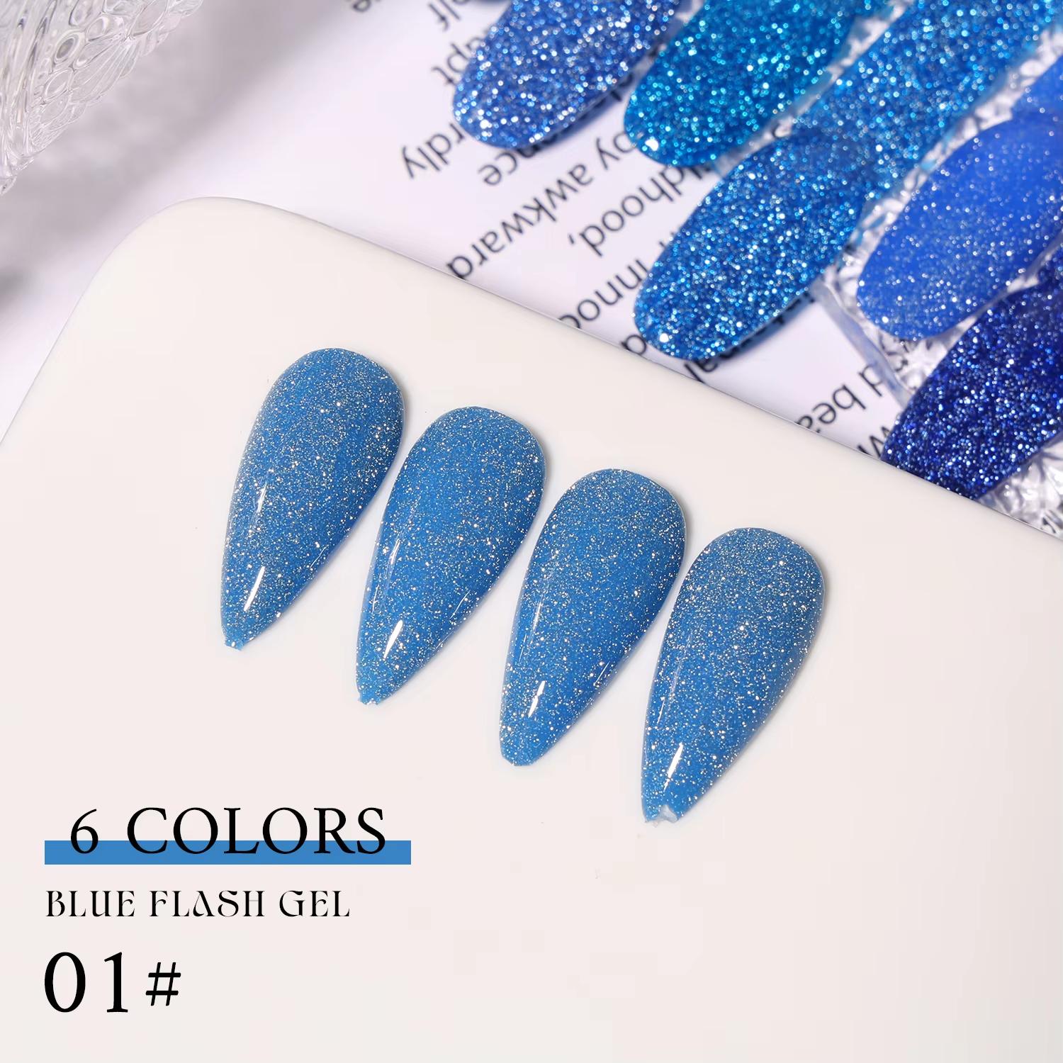JTING 6colors Super Shiny Blue Flash Gel Polish Collection Glitter Reflective Disco Gel Nail Polish for Nail Art Salon