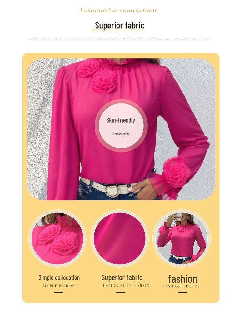 Versatile Women's Floral Chiffon Puff Sleeve Top - Long Sleeve French Style, Rose Solid Color, Age-Reducing Design