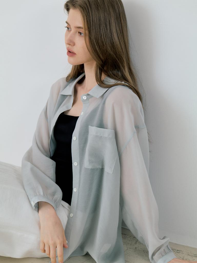 Leusejiem Classic Linen Sheer Shirring Shirt - Light Gray