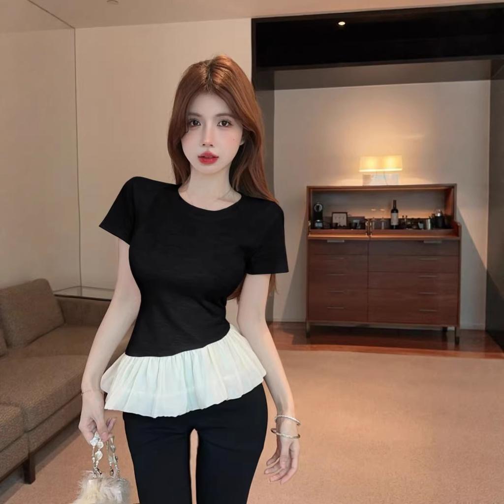 Ballet style fake two-piece splicing fashion T-shirt women's summer design sense niche hem slim and thin short-sleeved top