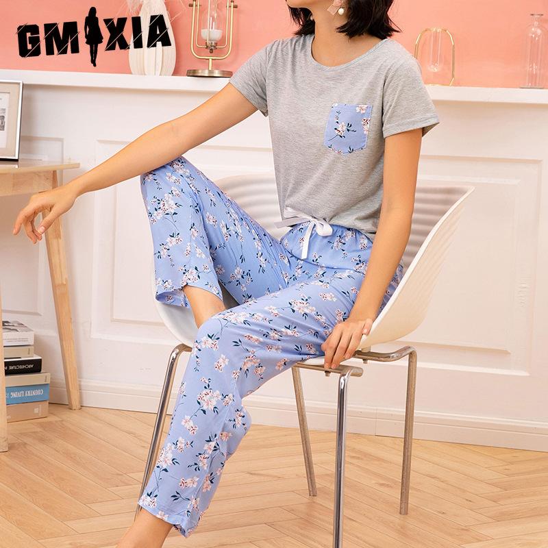 

GMXIA Пижама женская весенне-летняя с цветочным принтом, с коротким рукавом, брюки, комплект из двух предметов для дома XL