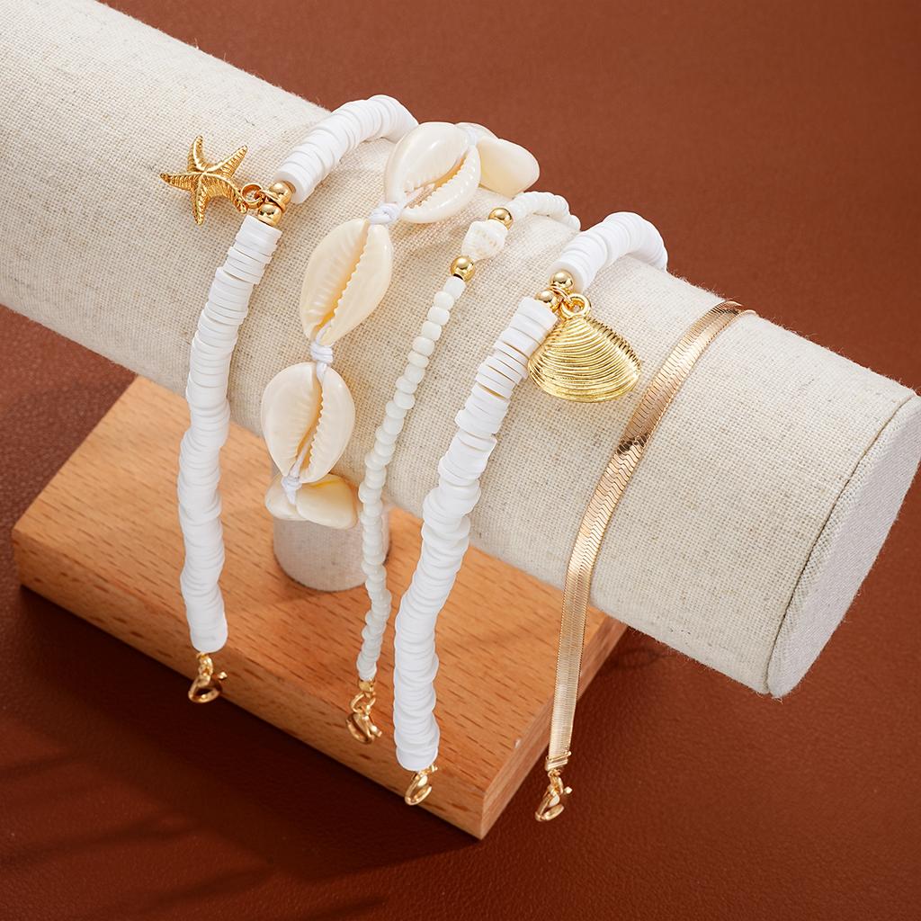 5PCS Boho Rice Beads Starfish Shell Pendant Anklets for Women Fashion Polymer Clay Foot Chains New Female Summer Beach Jewelry