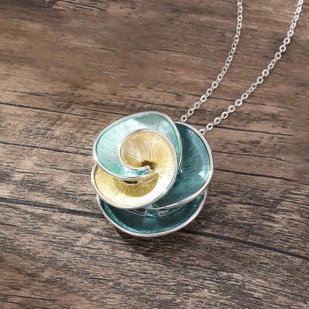 Color painting oil engraved camellia rose flower pendant, fashionable and simple women's versatile flower alloy neck chain