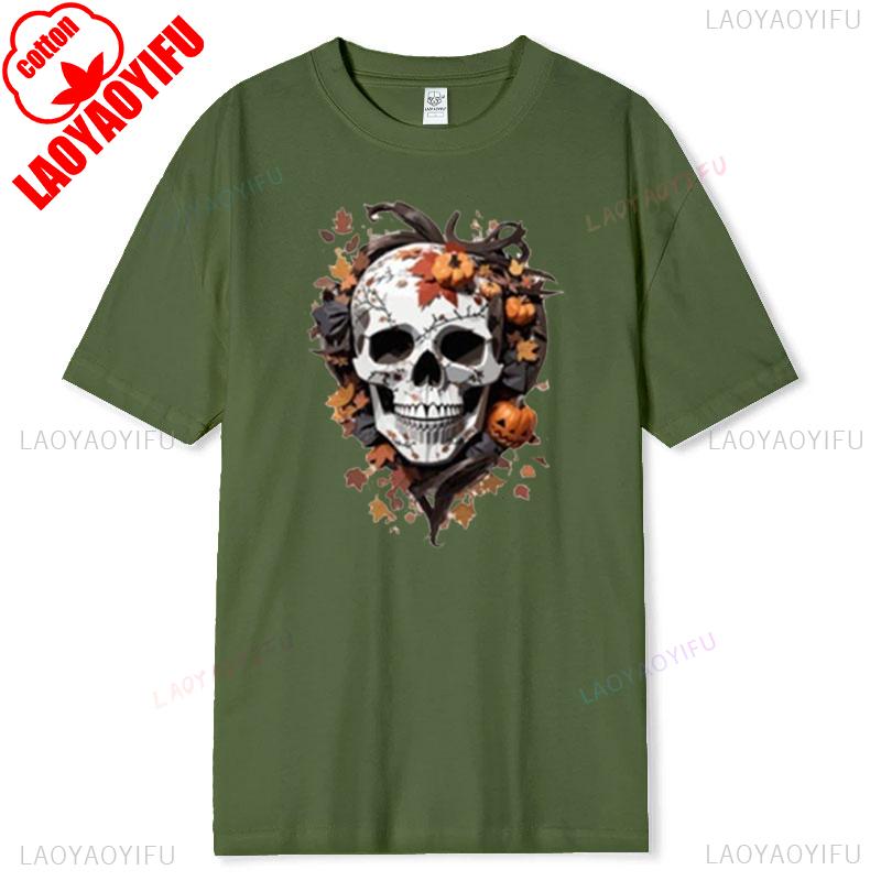 Floral Skull TShirt Boho Wild Flowers Cotton Short Sleeve Summer Casual Tee Gift for Her Stylish Fit Pumpkin Plant Graphic Tops