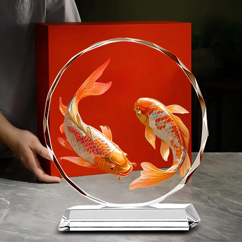 Двойной кристальный орнамент с карпами для процветания: Счастливый Новоселье Офисный Дисплей