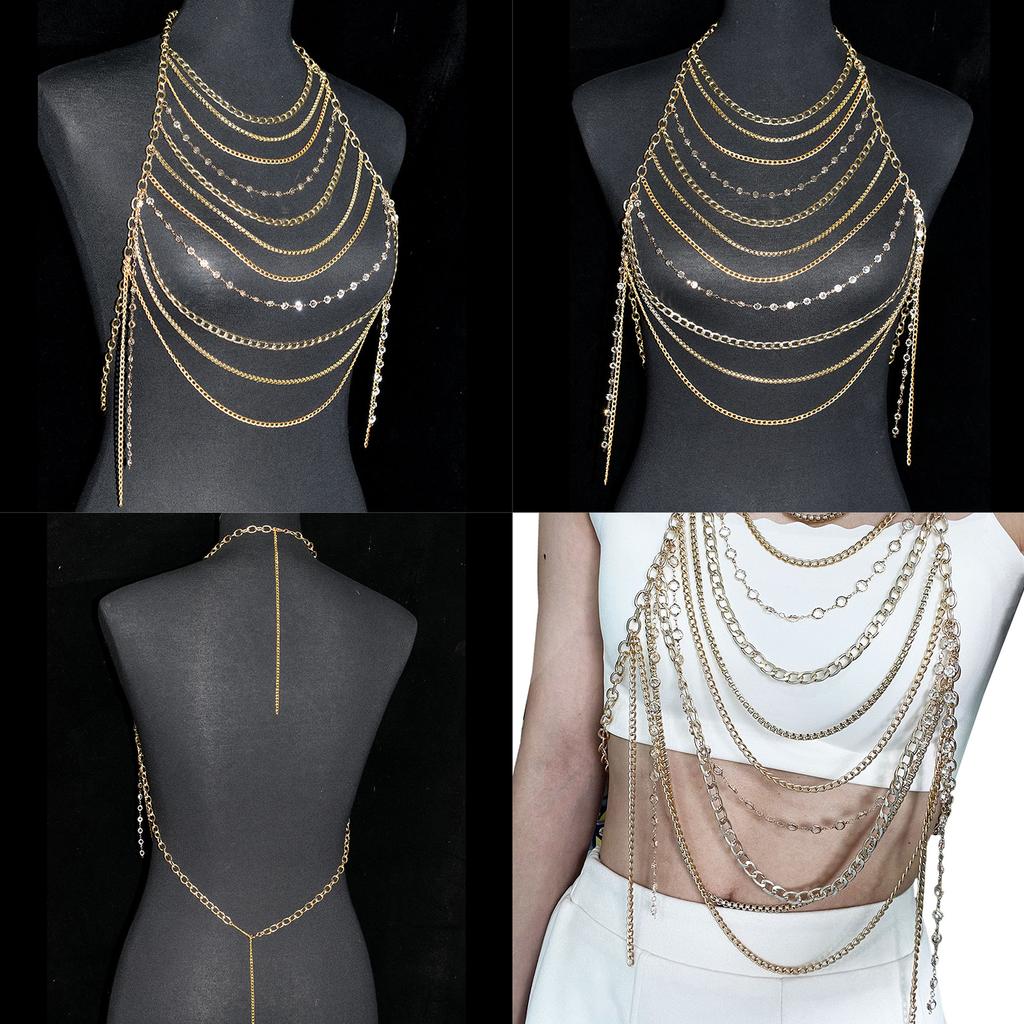 Stylish Women Rhinestones Chest Chain Necklace for Beach and Nightclub Outfits Layered Halter Neck Body Jewelry Crop Top
