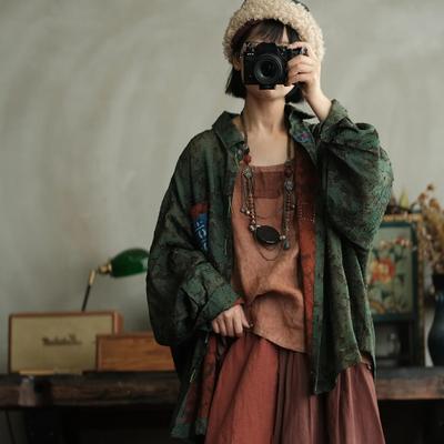 Women Vintage Green Shirts Tops Spring Chinese Style Turn-down Collar Long Sleeve Female Shirts