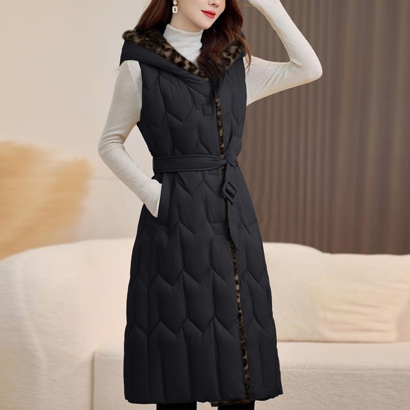 Fashion Winter Women's Long Warm Vest Hooded Thick Sleeveless Jackets Woman Coat With Belt