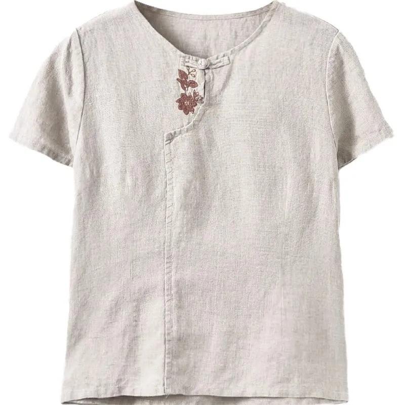 Cotton and Linen Embroidered T-shirt Retro Women's Clothing Summer New Loose Casual Top Short-sleeved Shirt