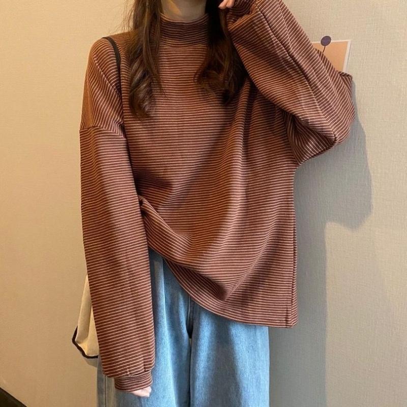 Gestreept Velours Warm T-shirt Herfst/Winter Nieuw Lange Mouw Velours Basis Shirt Damesmode Alles Passend Coltrui Top