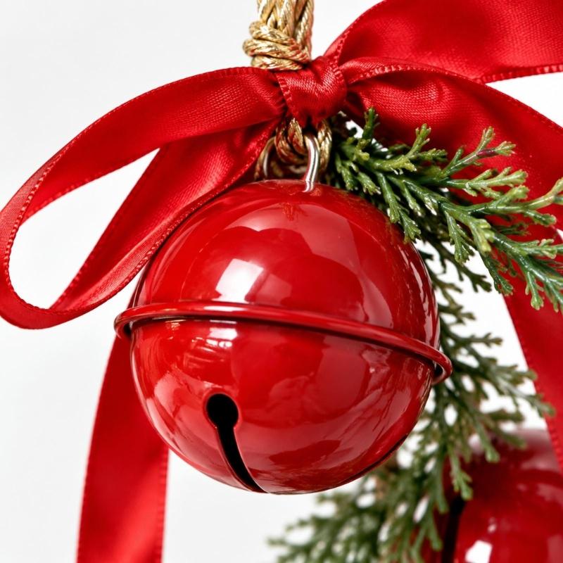 Iron Christmas Bell Ornament, Three Staggered Bells with Ribbon and Pine-Look Trim for Wreath Holiday Displays