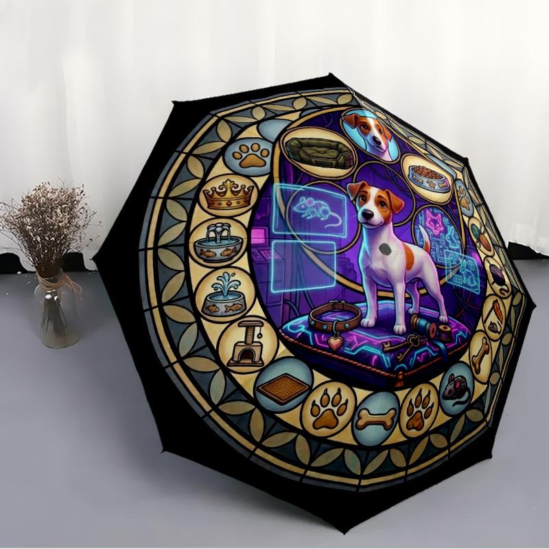 Glass Dog Fantasy pattern umbrella, portable and foldable design, 8 ribs, a casual accessory for Halloween, Christmas, and birthday gifts.