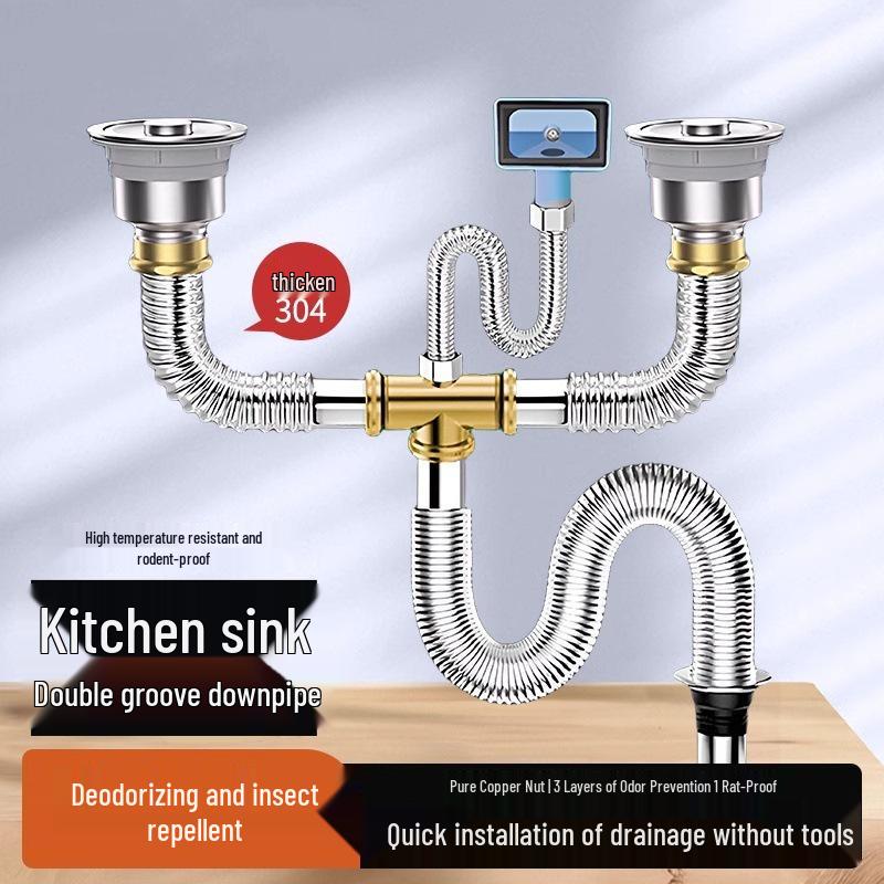 Stainless Steel Kitchen Sink Drain Pipe Set with Anti-Odor Features for Single or Double Sinks and Dishwasher Integration