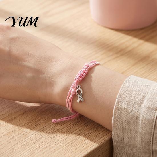 Breast Cancer Awareness Gifts Bracelet for Women, Adjustable Woven String with Handwoven Rope Wristband Ribbon Charm, Handmade Braided Survivor