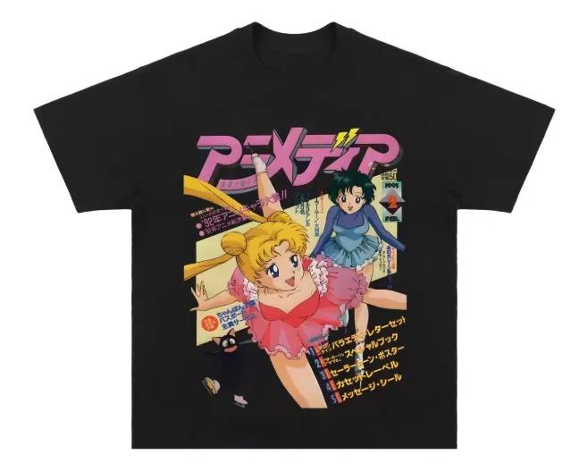 "Vibrant Red Oversized Sailor Moon T-shirt Featuring Multiple Tsukino Usagi Illustrations, Luna Cat, Retro 'Sailor Moon' Text and Vintage Anime