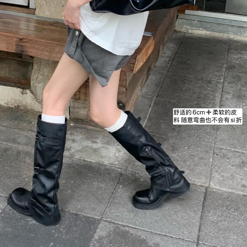 Height increase of 6cm~ 2025 Spring and Autumn new fashionable belt buckle square round head pleated medium tube knight boots women's autumn