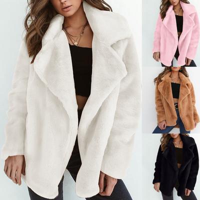 Women's  And Winter Loose Solid Color Stitching Long-sleeved Pockets Plush Lapel Cardigan Coat