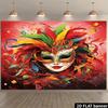 2D Flat Carnival Mask Celebration Tapestry with Colorful Feathers and Confetti for Festive Party Backdrop