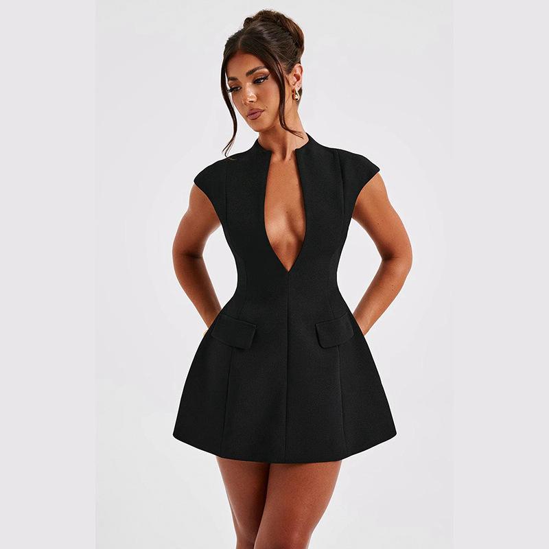 Black Sleeveless Backless Mini Dress For Women Summer Sexy Deep V Neck High Waist Short Dresses Female Slim Elegant Evening Dress Vestidos Femme
