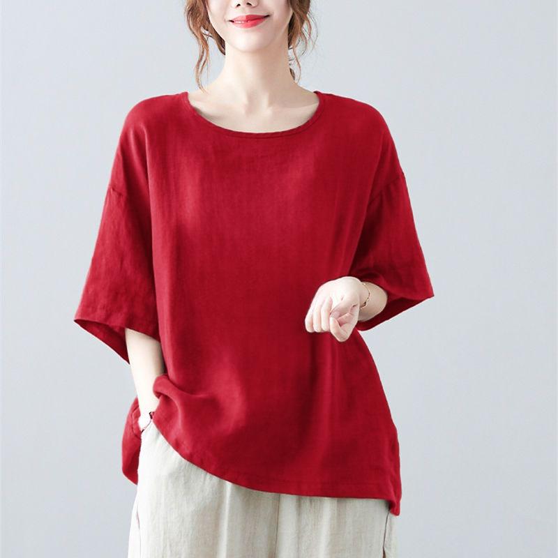 Casual Artistic Cotton Linen Women's T-Shirt Short Sleeves Vintage Top for Summer Plus Size Loose Fit Mother Clothing