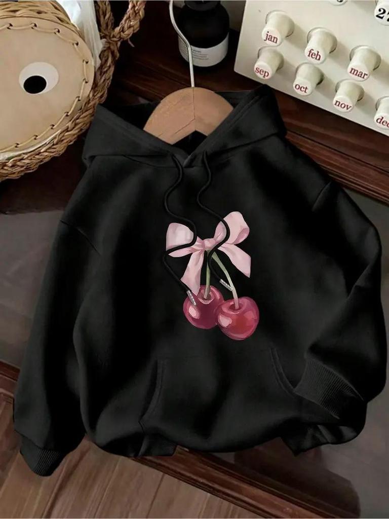 Women's Warm Fleece Hoodie with Red Cherry Bow Pattern