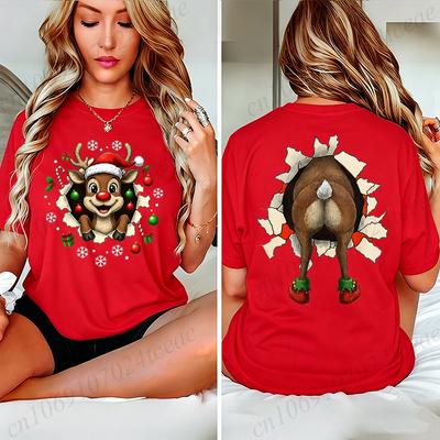 Christmas Reindeer Print T-shirt Women Harajuku Sleeve Casual Clothing Street Tops Tees Funny Xmas Aesthetic Clothes Gifts