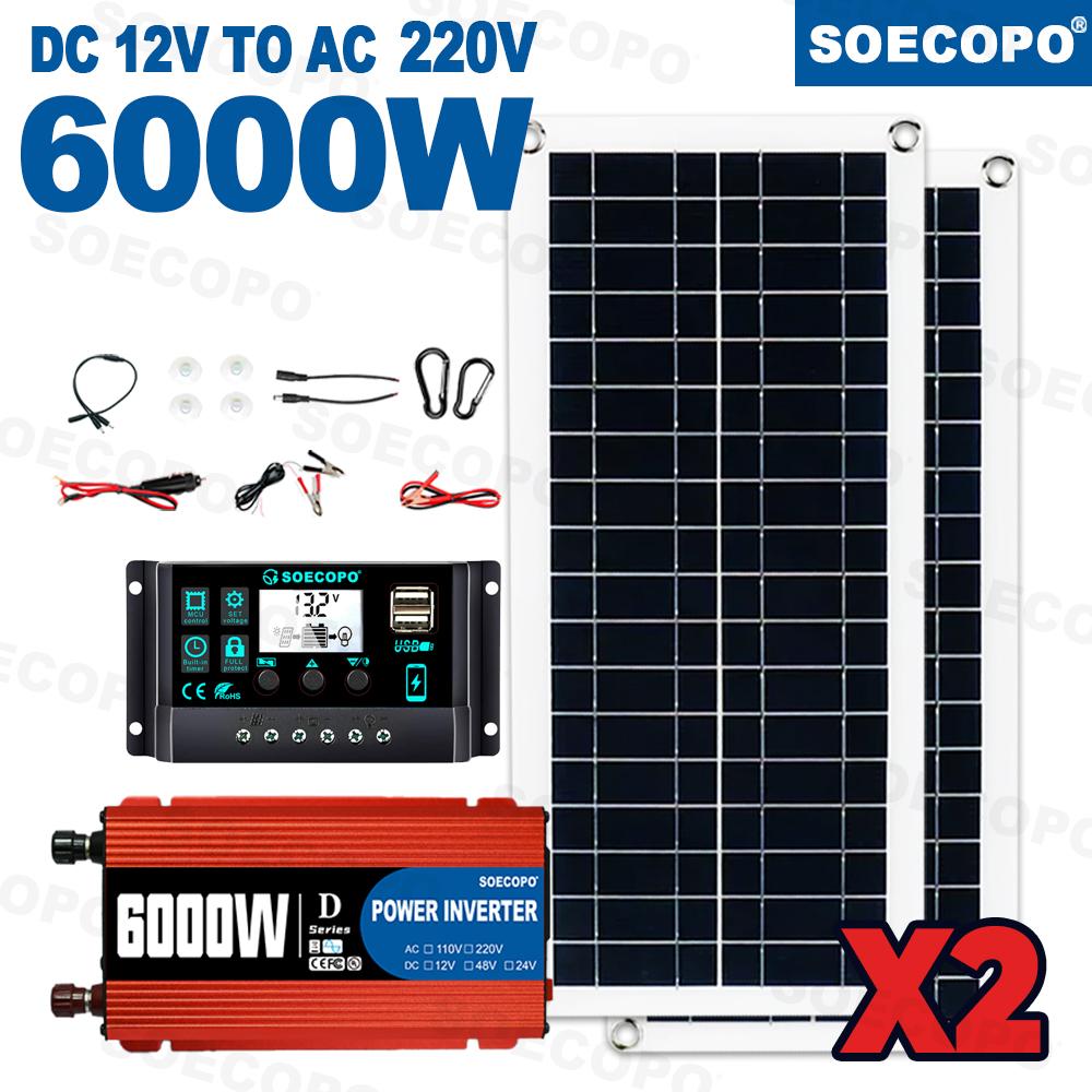 

SOECOPO 6000W Solar Panels Complete House Kit USB 5V/1.5A Off Grid Solar System Home DC 12V - AC 110V/220V Inverter Camping