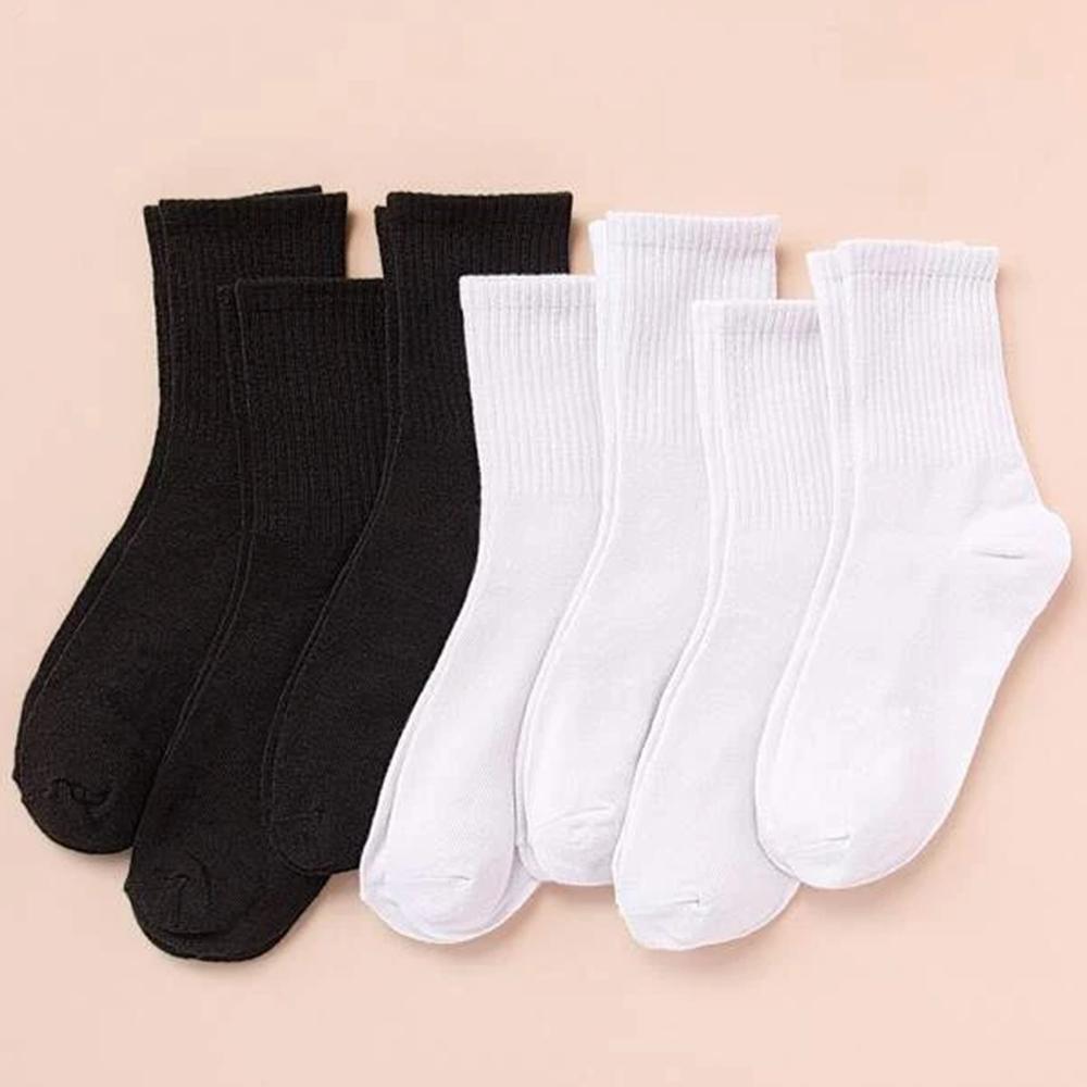 7/14/21 Pairs Women Classic Black And White Solid Color Fashionable Versatile Sweat-Absorbing Soft And Breathable Casual Socks