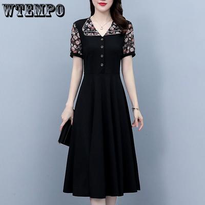 Vestidos femininos de chiffon floral de manga curta, elegantes, comprimento médio, linha A