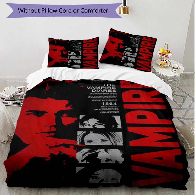 3pcs Duvet Cover Set (1*Duvet Cover + 2*Pillowcase, Without Core), The Vampire Diaries Print Soft All‑Season Bedding Set, Home Bedroom Decor Gift