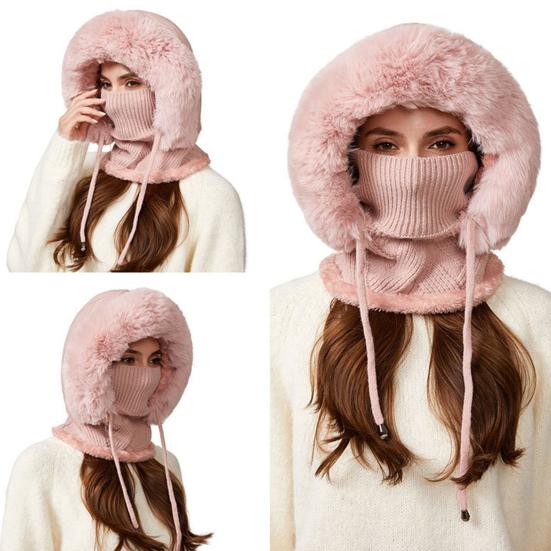 Winter Headgear with Scarf Face Guard Solid 3 In 1 Hat Color Adjustable Drawstring Windproof Hat