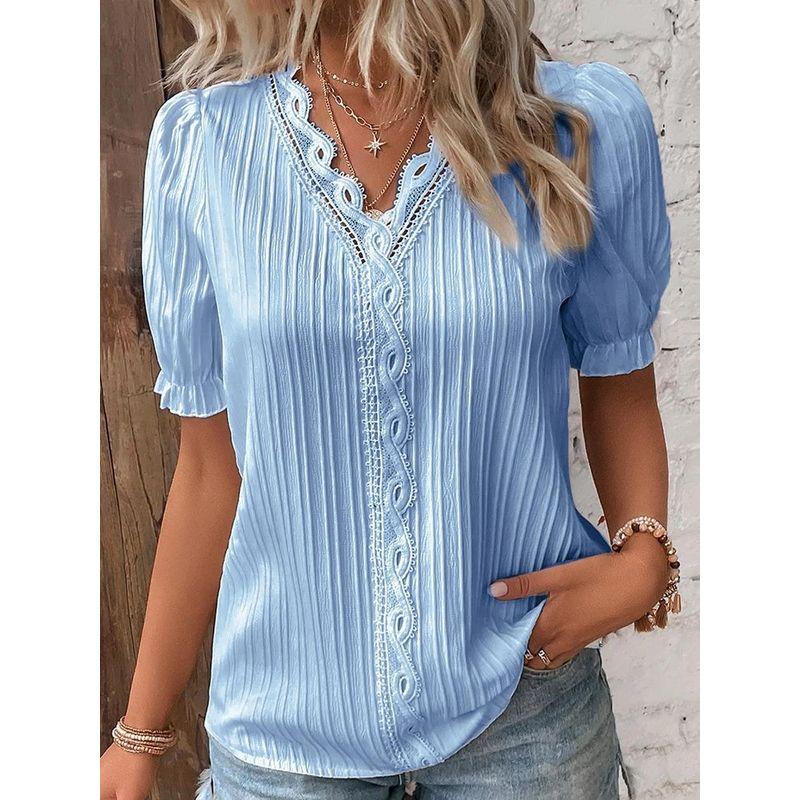 Summer New Vacation Fashion Hollow out Short sleeve European and American Women clothes V-neck Shirt Women's V-neck Shirt