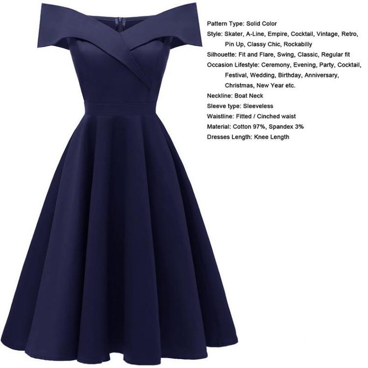 Vintage Off Shoulder Bardot Little Black Dress Women Sateen Skater Midi Prom Evening Party Cocktail Wedding Guest Classic Occasion Outfit