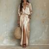 Women's Satin V-Neck Blouse and Side Split Skirt Set with Pocket for Casual Everyday Wear
