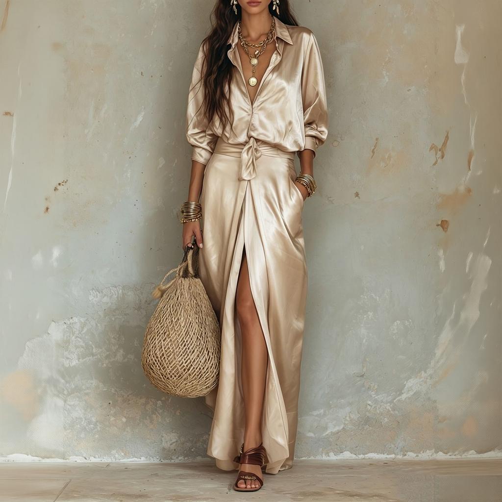 Women's Satin V-Neck Blouse and Side Split Skirt Set with Pocket for Casual Everyday Wear