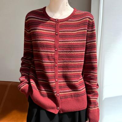 French Contrasting Color Knitted Sweater Women'S Autumn New Fair Island Jacquard Cardigan Sweater Striped Women'S Top