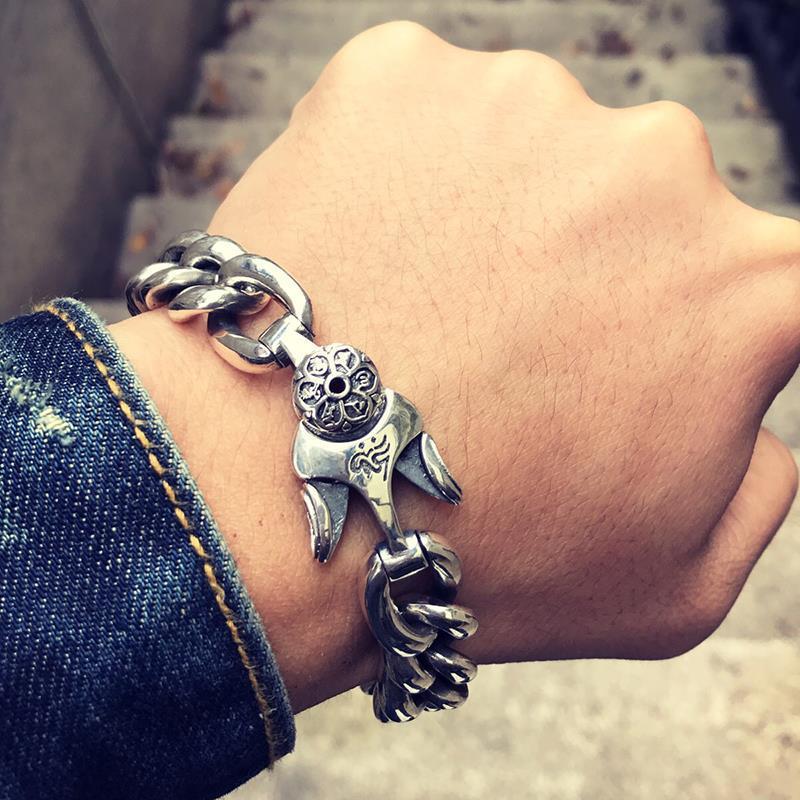 High-end Retro 925 Silver Retro Thai Silver Men's Bracelet Six-character Mantra Simple Personalized Trendy Men's Jewelry