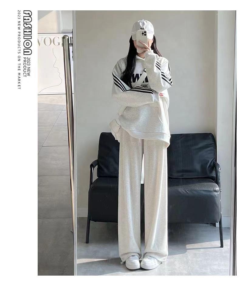 Women's American-Style Gray Sweatpants: Spring & Autumn Loose Fit, Slimming, Wide-Leg, Straight-Leg, Winter Fleece-Lined.