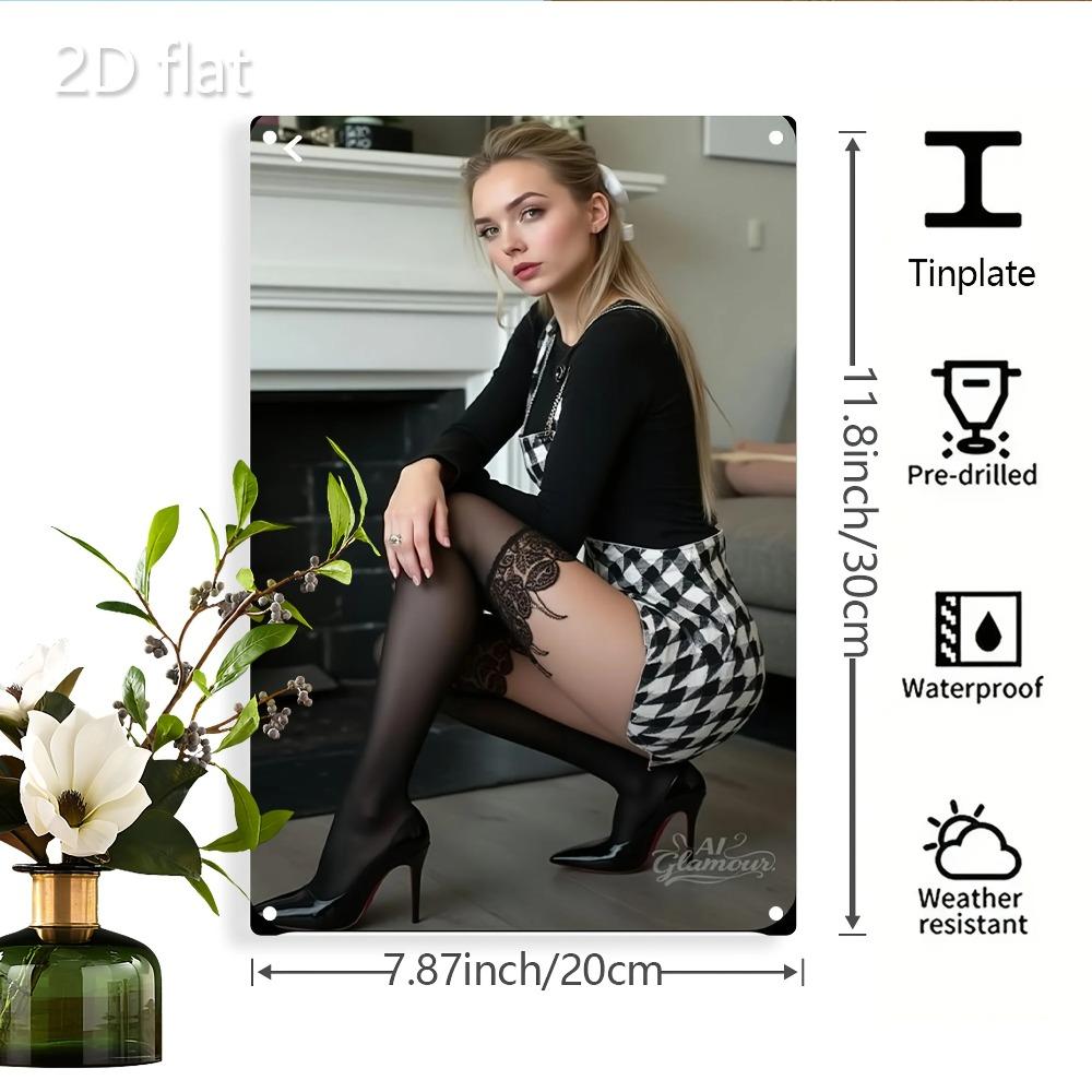 Golden Hair Lady Metal Wall Art - Checkered Skirt, Pre-Drilled, Fashion Decor