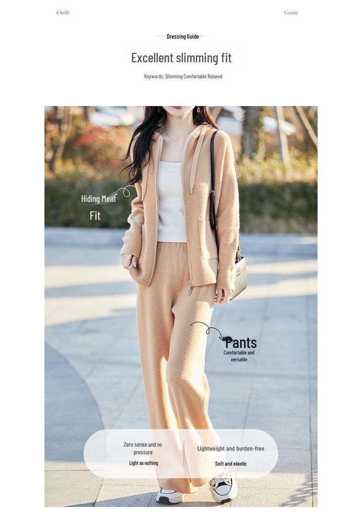 Women's Casual Wool Cardigan & High-Waisted Wide-Leg Knit Pants Set