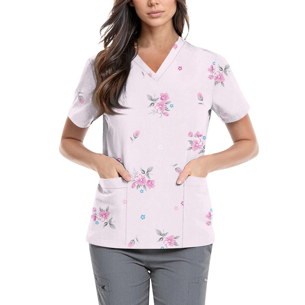 Women's Cute Printed Work Clothes V-neck Double Layer Pockets Basic Short Sleeve Top Pullover Valentines