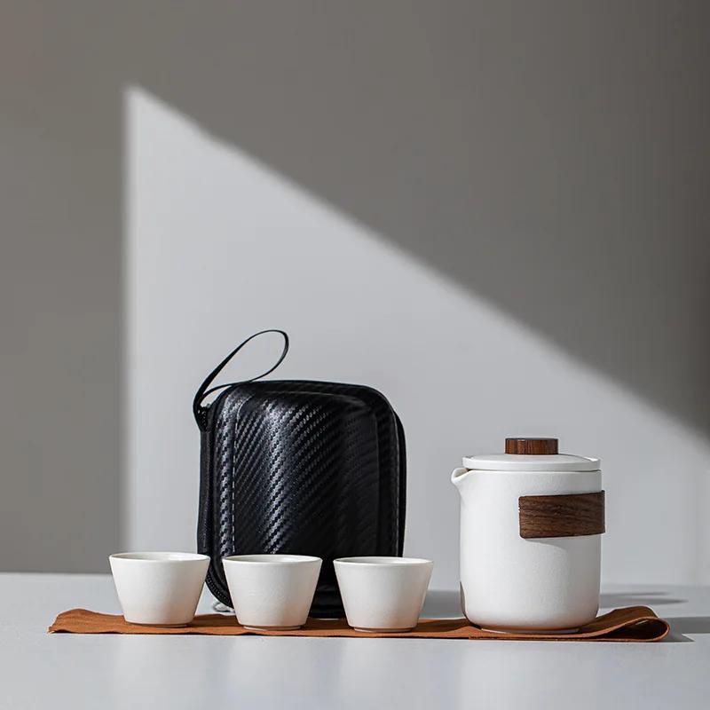 Travel Tea Set Ceramics Business Gift One Pot and Three Cups Outdoors Drinkware Cup Tools Teacup Portable China Sets Full Dining