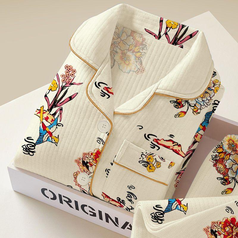 

Жіночий Потовщений Теплий Піжамний Комплект Осінь Зима Бавовняна Підкладка Довгий Рукав Принтований Кардиган Домашній Одяг Комплект з Двох Предметів XL