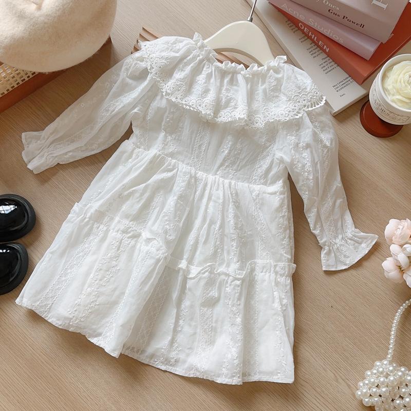 Girls Spring Autumn Embroidered Collar Ruffle Long Sleeve Princess Dress Elegant Party Wear