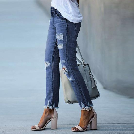 Women's Skinny Ripped Jeans Mid Rise Distressed Destroyed Denim Pants with Pockets Stretchy Slim Fit Jean Trousers